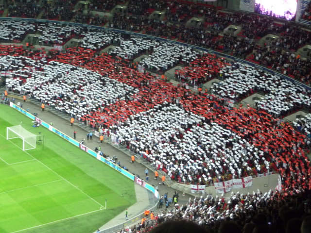 London: Wembley - the crowd form an England flag before a football match