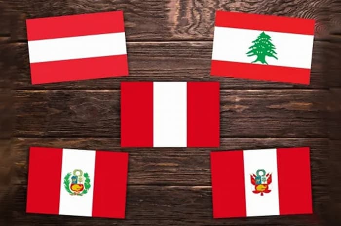These are the flags of three countries that feature a red-white-red pattern: Peru (middle and two variations at the bottom), Austria (upper left), and Lebanon (upper right).