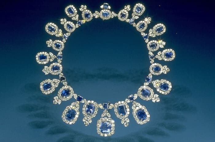 A diamond and sapphire necklace such as one that Lady Chittenden might own