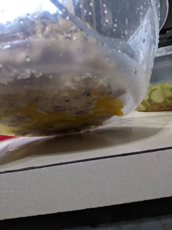 add egg to mixture. I had it in a small bowl, then I switched to large bowl. That is why my egg is on the bottom.
