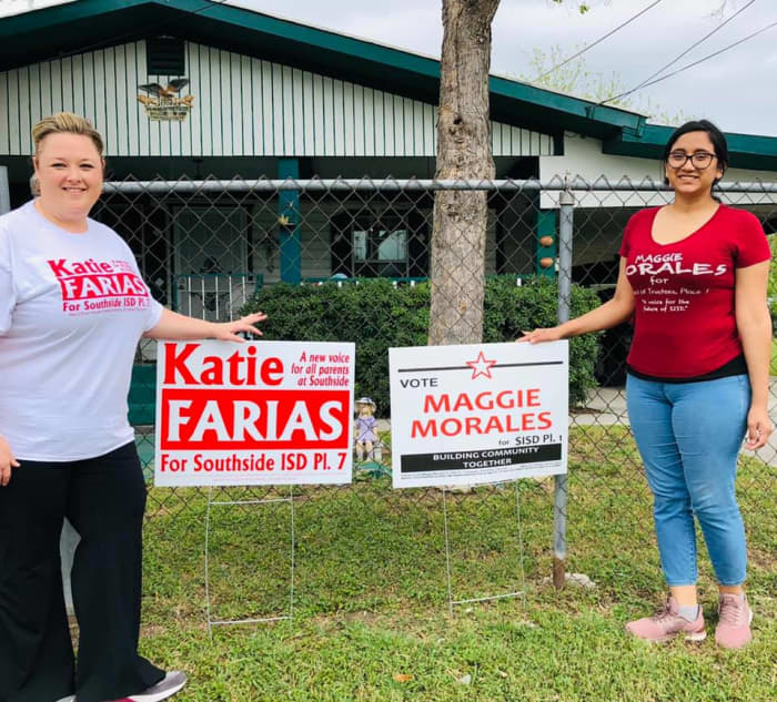 Katie Farias and Maggie Morales, putting out their signs. Southside ISD school board candidates for 2019.