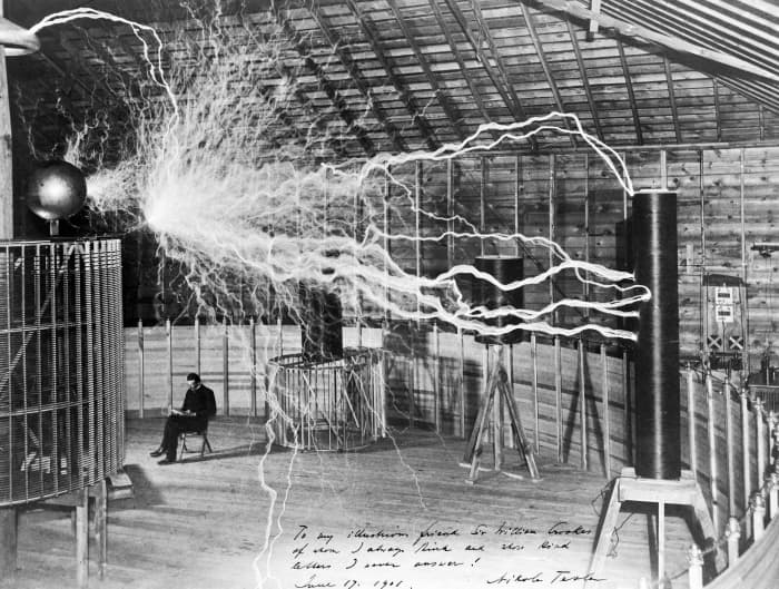 Tesla's magnifying transmitter could produce millions of volts of electricity, which could provide 23 feet long arcs for effect.