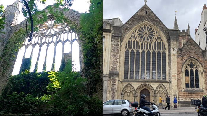 Left: Original 13th century frontage to the Lord Mayor's Chapel, now standing as ruins of a Victorian folly in Sheep Woods. Right: the replica frontage built in the 1820s during major renovation works.
