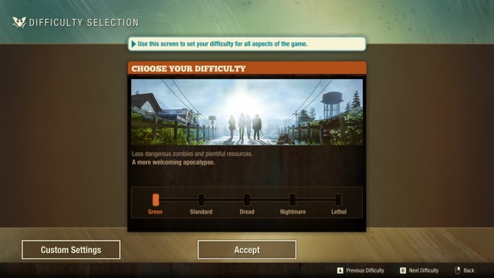 There are five difficulties in "State of Decay 2": Green, Standard, Dread, Nightmare, and Lethal.