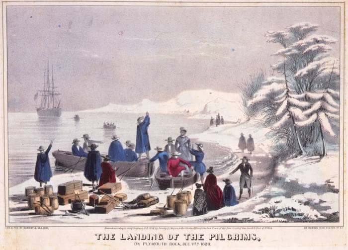 "The Reason Why We Give Thanks." Credit: Sarony & Major. "The landing of the Pilgrims, on Plymouth Rock, Dec. 11th 1620." c1846. Prints and Photographs Division, Library of Congress