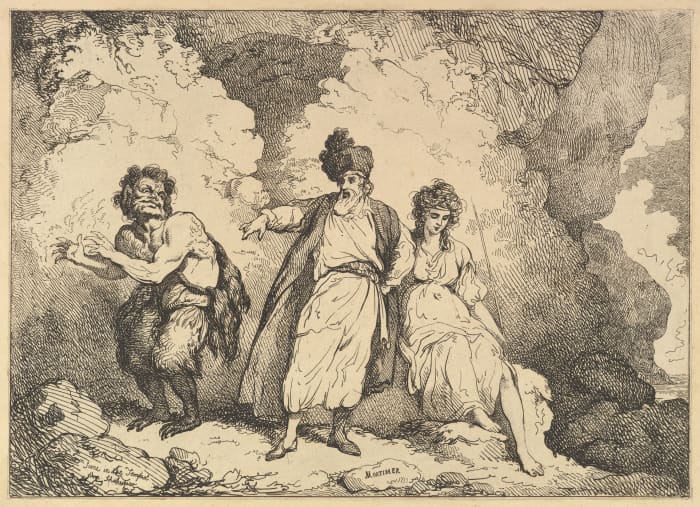 An etching print depicting Caliban, Prospero and Miranda in The Tempest, created by John Hamilton Mortimer and Thomas Rowlandson between 1784-88.