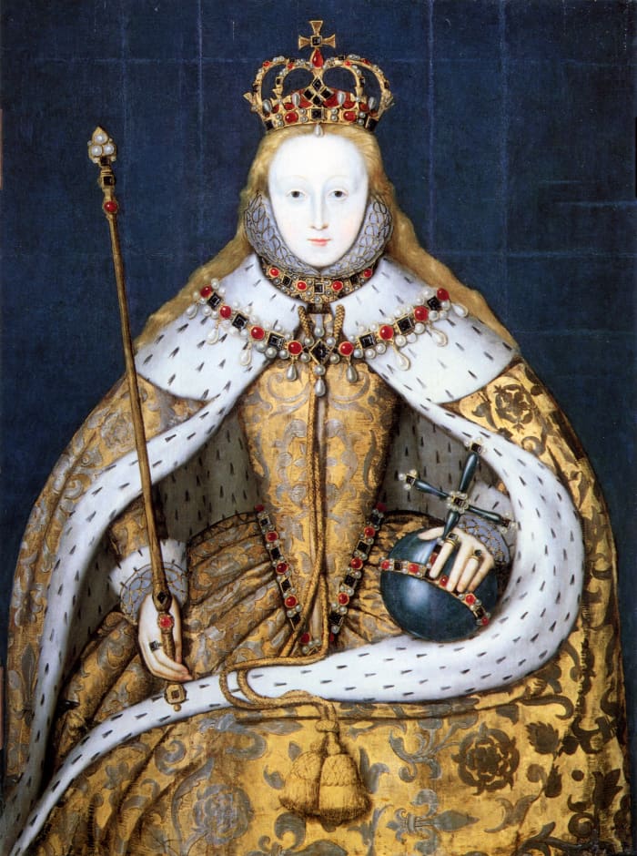 An oil painting of Queen Elizabeth I in coronation robes, painted by an anonymous painter between 1600 and 1610.