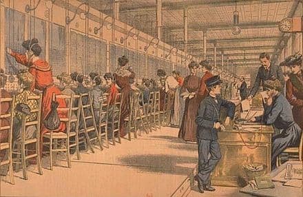 Old picture of the Customer Service Department at the Home Office of the Eleanor Sylvan & Brothers Bank in Blueberry, Wisc.