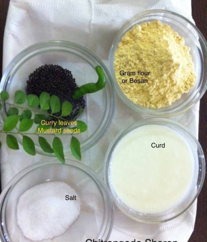 Ingredients for quick besan dhokla: besan, curd, salt, mustard seeds, curry leaves