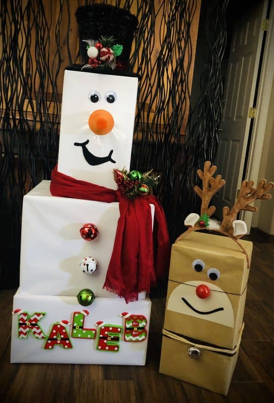 This is a "Frosty"-style snowman with a reindeer friend. The reindeer has premade antlers, but you could also make the antlers with pipe cleaners.