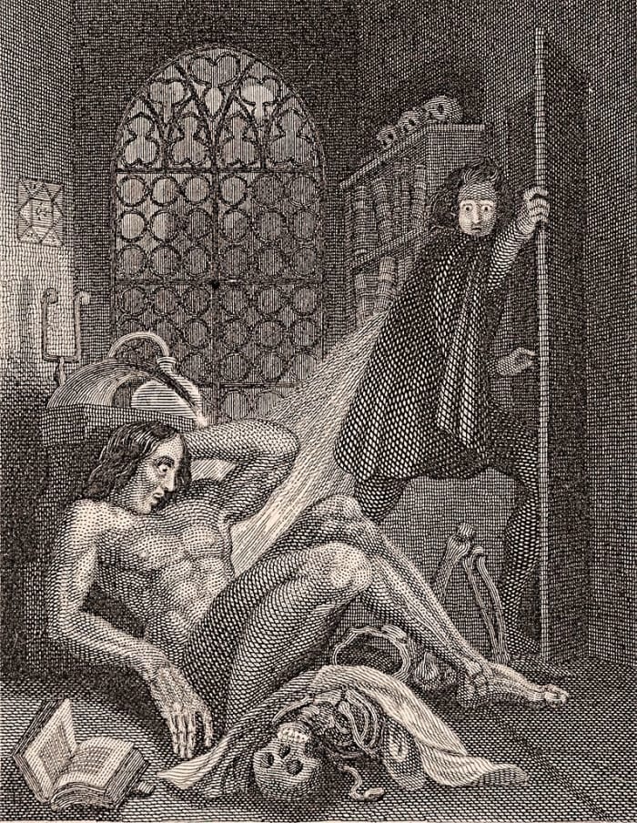 Victor Frankenstein becoming disgusted at his creation. Frontpiece of 1831 edition.