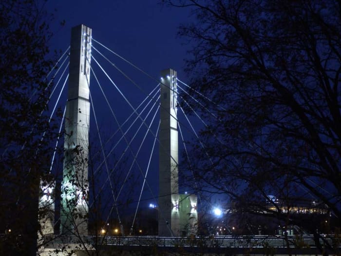 Lane Avenue Bridge at The Ohio State University. Once a run-down area next to the first Big Bear Store in Columbus,this new bridge is a beautiful tourist attraction as well as a place for walking and jogging.