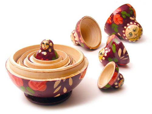 Traditional Russian doll set, also called the Matryoshka dolls. The culinary version is one of birds-inside-of-birds.