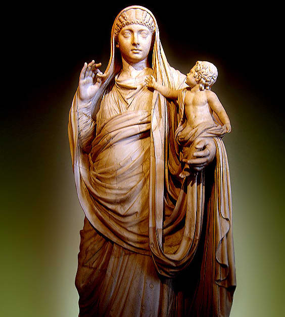 Termed "Messalina holding Britannicus" - a title that is said to be questionable as Messalina's figures are thought to have been destroyed after her damnatio memoria - this marble dates to c. 45 AD.
