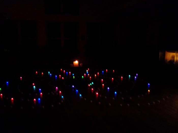 A labyrinth of lights created in our common house on The Longest Night (Winter Solstice)