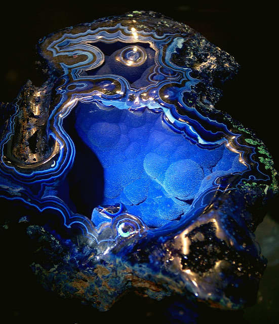 "Velvet Beauty" is a stunning Azurite specimen weighing 3 pounds and 9 inches in diameter. It was discovered in 1890 in Bisbee, Arizona.