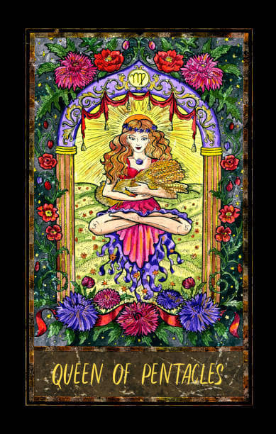 In tarot, earth has to do with family, health, career, property, and wealth. It has to do with everything physically tangible. The Queen of Pentacles thrives off material resources.