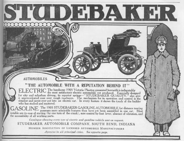 Old newspaper advertisement for the 1905 Studebaker Electric Automobile. (Notice how well newspapers can communicate a lot of detail to potential customers.)