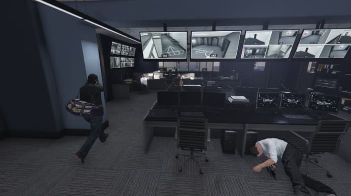 Once back upstairs there will be some more guards stationed in the surveillance room. (Note: Exact positions may vary.)