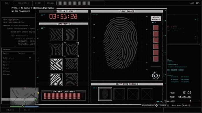 The fingerprint reader hacking minigame can seem a little overwhelming at first, but it's quick once you get the hang of it.