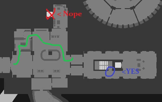 Follow the green line once you get out of the mantrap, you can flank to the right of the security guys and hopefully catch less shots. Go to the stairs (blue circle).