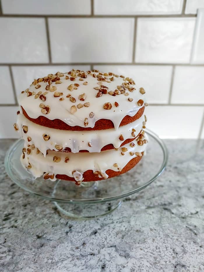 My layered black walnut cake with cream cheese icing, all made from scratch.