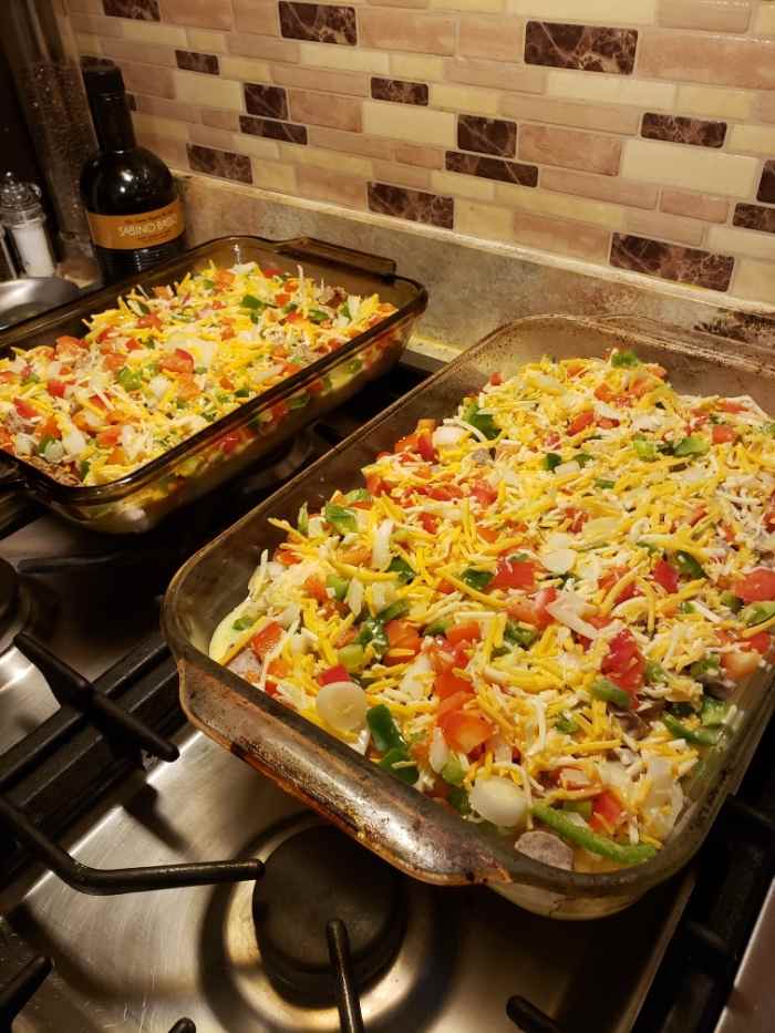 Left: vegetarian sausage, peppers, and onions. Right: pork sausage, peppers, and onions. 