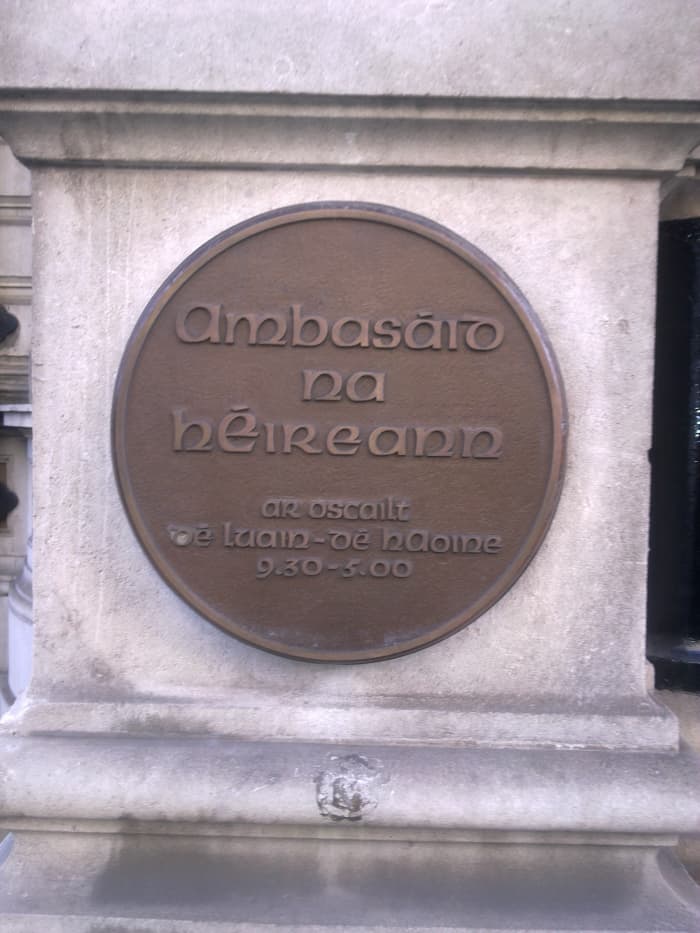Embassy of Ireland in London; plaque outside the embassy in Irish