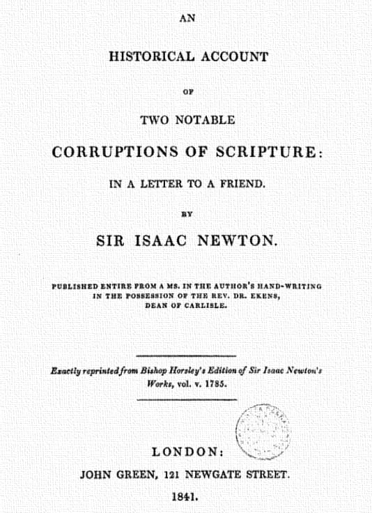 The Title Page of an 1841 Edition of a publication including correspondence from Isaac Newton concerning the frauds he had identified in Biblical translations.