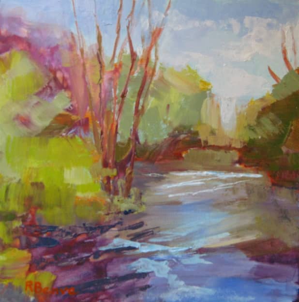 A quick, 30 minute painting. Practicing on a small size, this is 6x6 inches, with a time limit can be a wonderful challenge to embrace. "Go With the Flow", acrylic painting by Robie Benve.