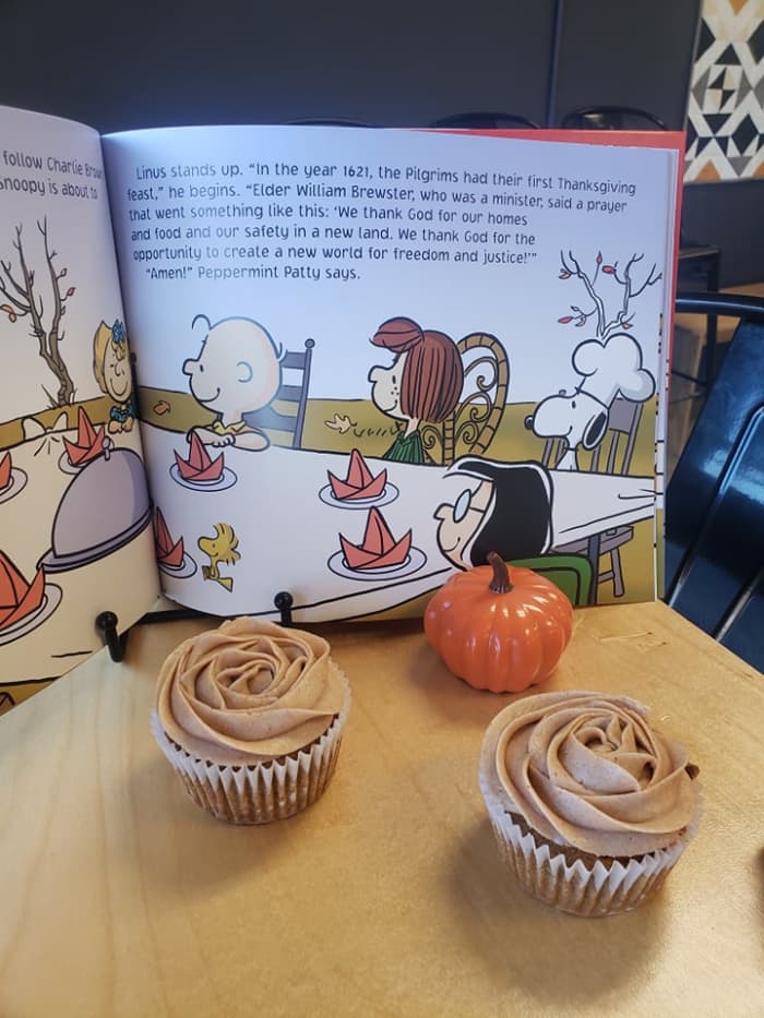 Snoopy and Woodstock end the story by eating slices of pumpkin pie. To celebrate this, I created a delicious recipe for pumpkin cupcakes with cinnamon vanilla frosting.