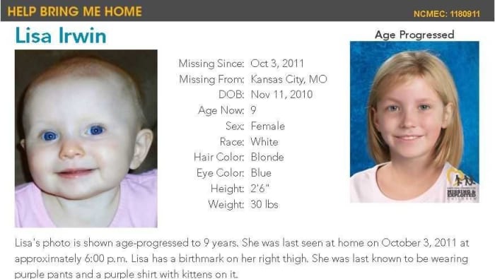 NCMEC and Lisa Irwin’s parents released an age-progressed photograph of the missing child in 2020. Photo courtesy of NCMEC.