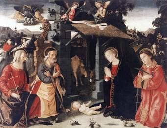 This photos shows us an imaginary and old religious nativity scene, with Mary Joseph and other saints attending baby Jesus, there are also some angels above to show the importance of this religious event.
