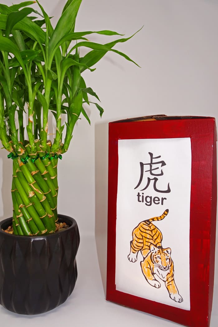 Here is a finished lantern. The frame is made from a facial tissue box which has been cut and painted.