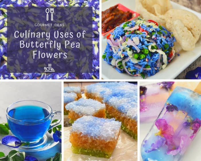 Butterfly blue pea or clitoria flower is used as colorant in Malaysian food nasi kerabu and abok abok, in blue tea and in lollipop