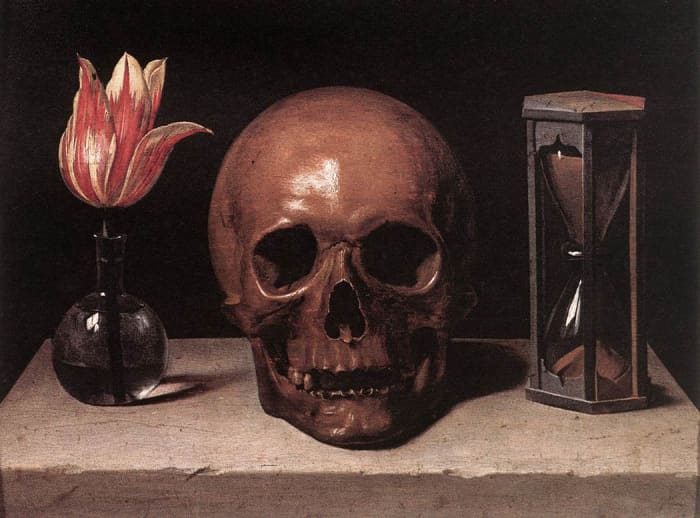 Life, Death and Time -- symbolized by the flower, the skull and the hourglass 18th Century Oil Painting
