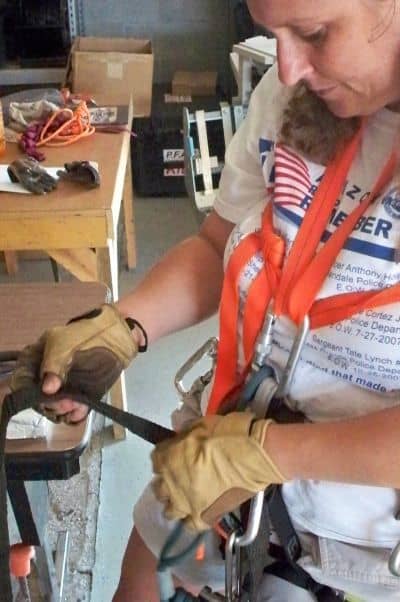 At first, I improvised a chest harness with orange webbing. But it was uncomfortable and difficult to adjust to the correct fit.