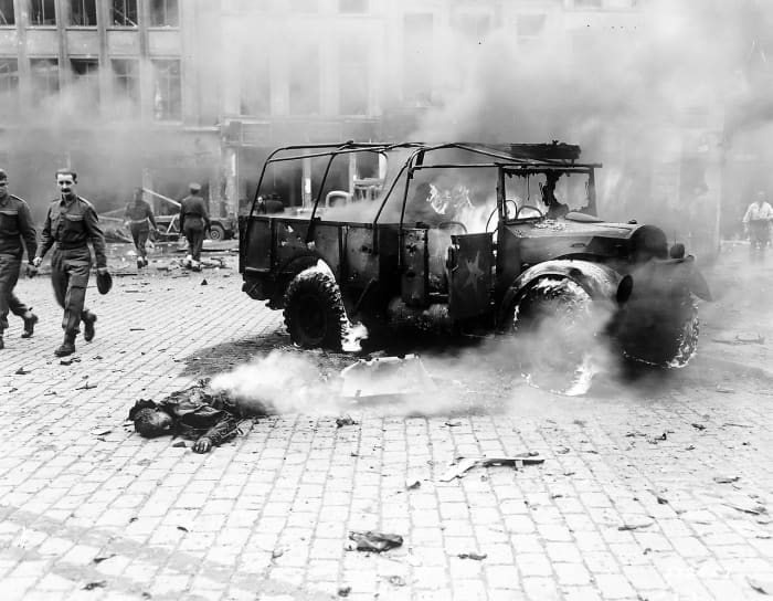 One of the victims of a V-2 that struck Teniers Square, Antwerp, Belgium on November 27, 1944. A British military convoy was passing through the square at the time; 126 (including 26 Allied soldiers) were killed.