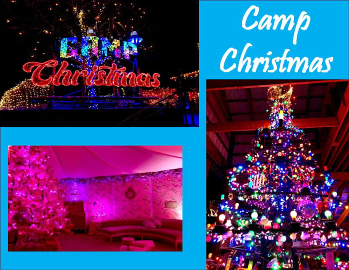 Just a few of the many displays at Camp Christmas. Clockwise from top left: Camp Christmas sign, tree featuring lights throughout the decades, pink room.