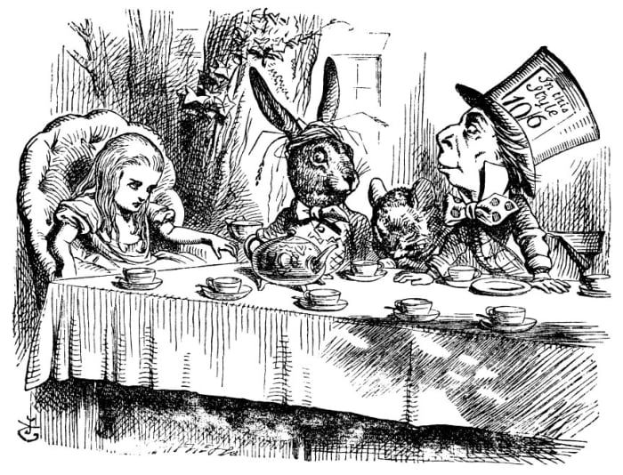 Battle of the wills. Alice and the Hatter had many of the same traits. Some say Alice was looking at her own reflection.