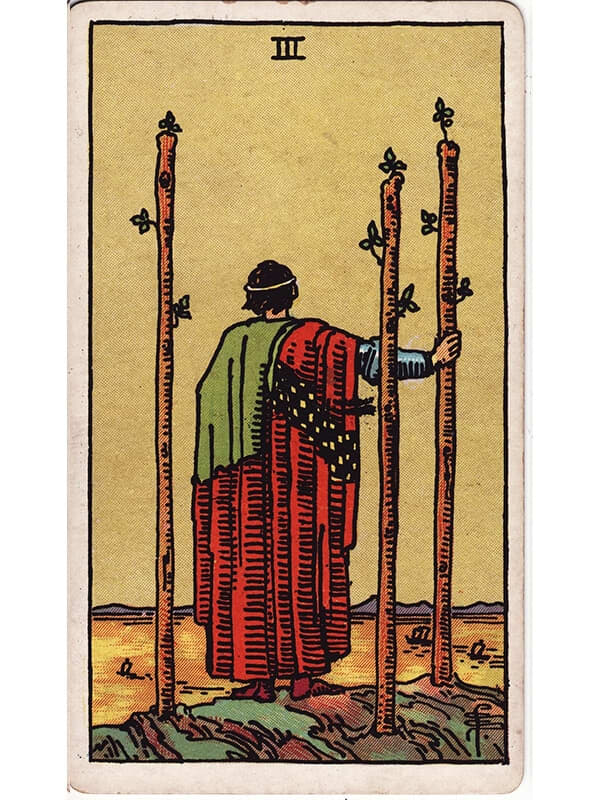 The Three of Wands is about taking the right steps to accomplish your goals. It indicates that your ambition is active. You've taken a seat at the table to play the game.