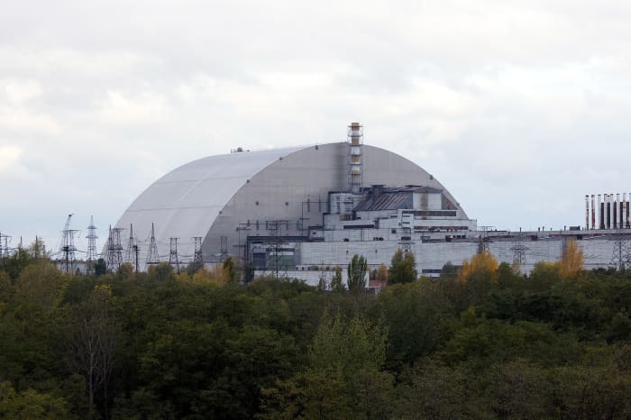 The billion-dollar New Safe Confinement in final position over reactor 4 at Chernobyl Nuclear Power Plant. It is the largest moveable structure. It will last only 100 years.