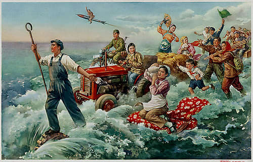 Mao Zedong leads his happy followers in the Great Leap Forward. My goodness, they've even got a rocket ship.