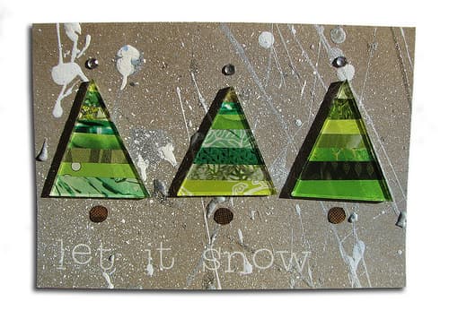 Lauren cut out strips of magazine pages and glued them to the back of plexiglass to create these unique, modern pine trees.