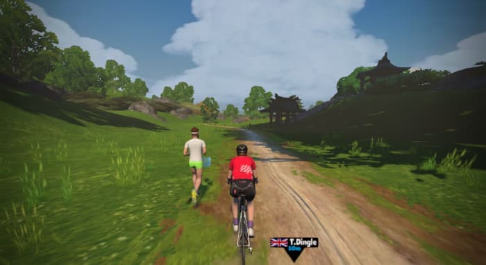The author (CyclingFitness) cycling amongst the temples of the virtual world of the Makuri Islands