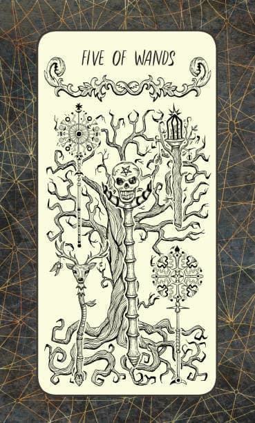 The Five of Wands is about diverse views. These can be merged together if the different parties are willing; however, at the moment everyone is shouting over each other. The purpose has become muddy; the outcome is meaningless.