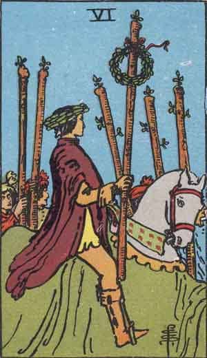 The Six of Wands shows a person riding a horse. The person is going through a busy street. People are cheering on the horse rider. The figure could represent a celebrity or town hero.