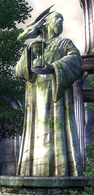 A statue of Akatosh as depicted in Elder Scrolls: Oblivion. He is often seen as an elderly man accompanied by a dragon.