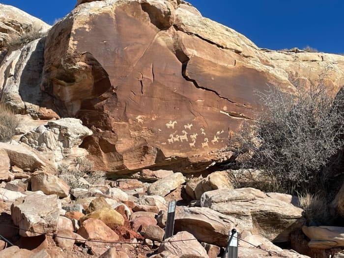 These petroglyphs were carved sometime between A.D. 1650 and 1850. This rock art panel is important to many Native Americans in this region because it was created by their ancestors.