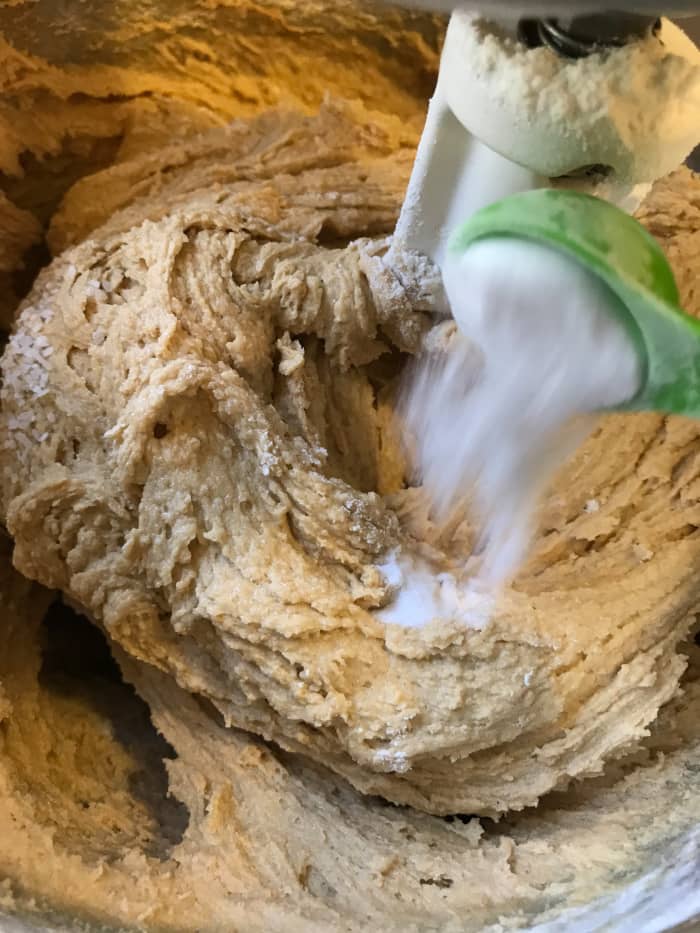 Beat in the flour, then the baking soda, salt and vanilla. This is a forgiving recipe - it's hard to over mix. Or undermix for that matter!